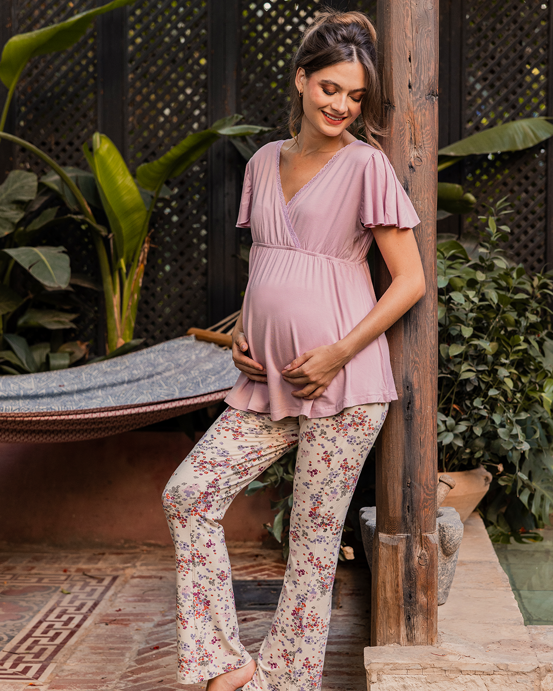 Mini Flowers Women's maternity pajama with half sleeves *printed Pant Viscose Lycra