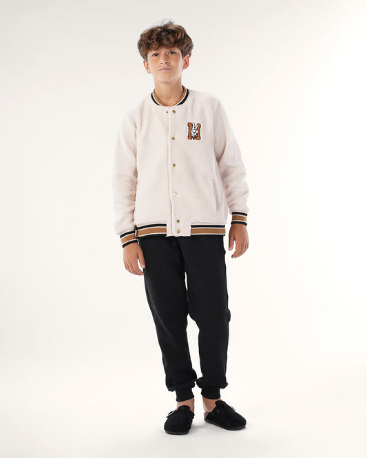 Set of pants and baseball jacket with snap buttons
