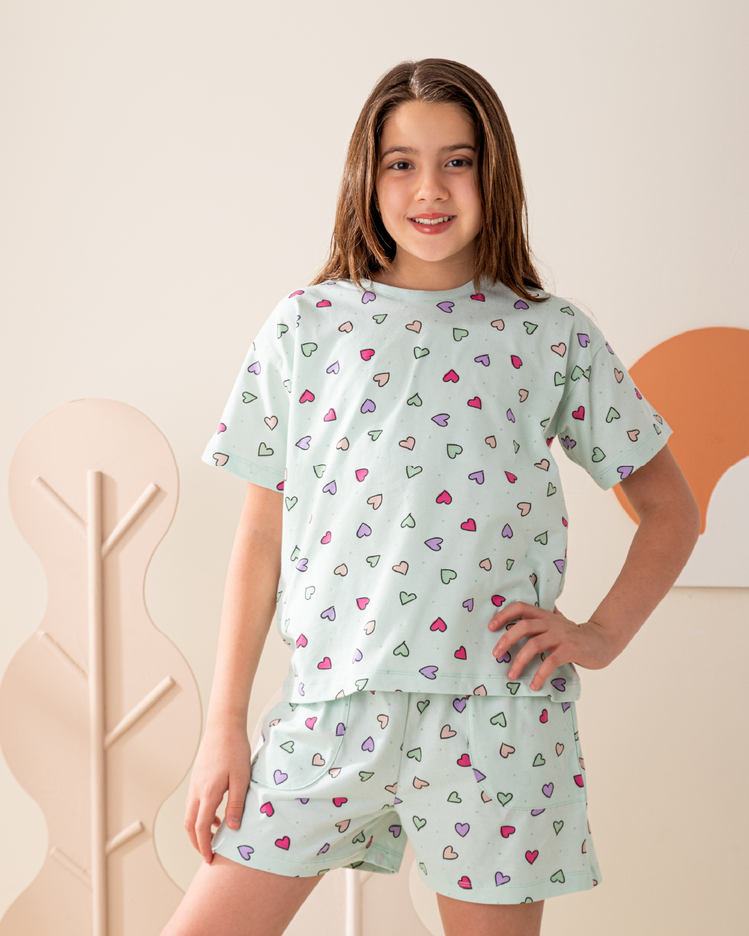 Pajamas Half Sleeve and Heart Shorts Cotton