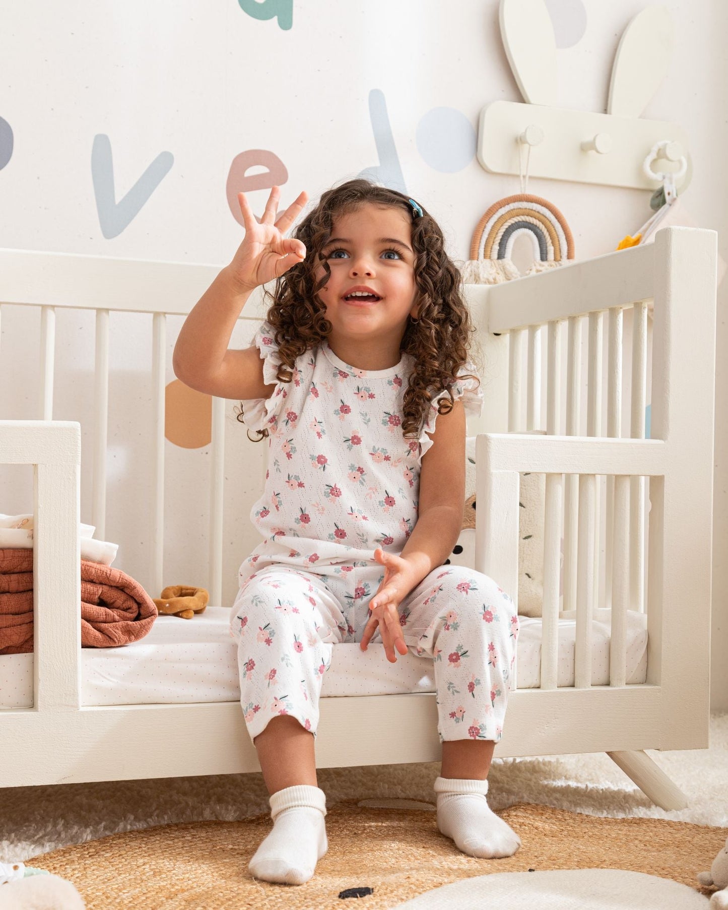 Pointelle flower printed baby girls pajamas