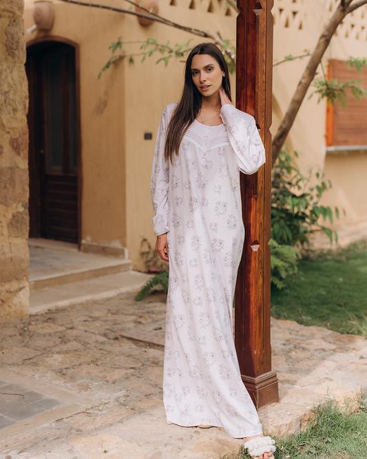 Women's nightgown with lace buttons and ruffles on the chest