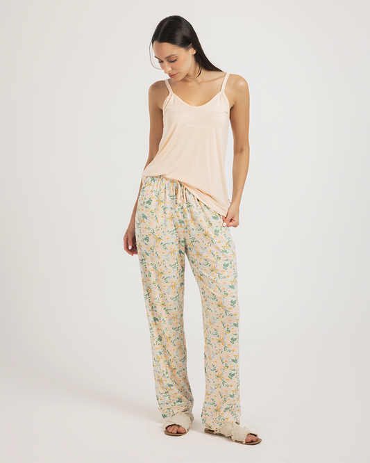 Viscose Lycra Pajama Pants and Strap with Intertwined Roses