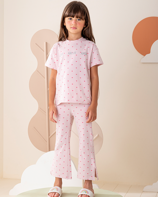 Cotton Pants Pajama with Dropped Shoulder and Small Hearts