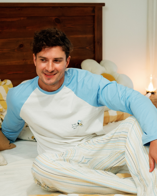 Men's pajama set with long sleeves and striped pants in spring colors