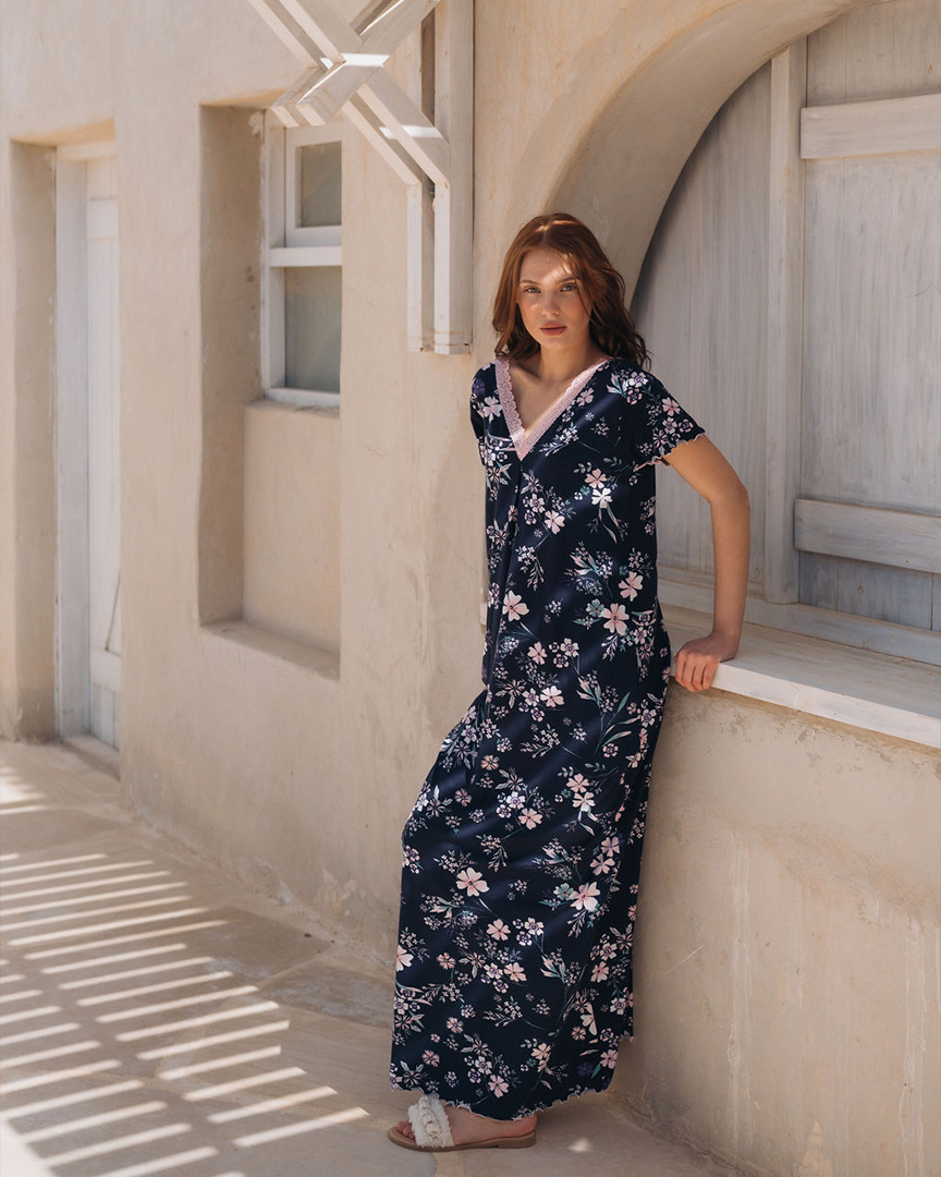 Half sleeve floral long V shirt for women