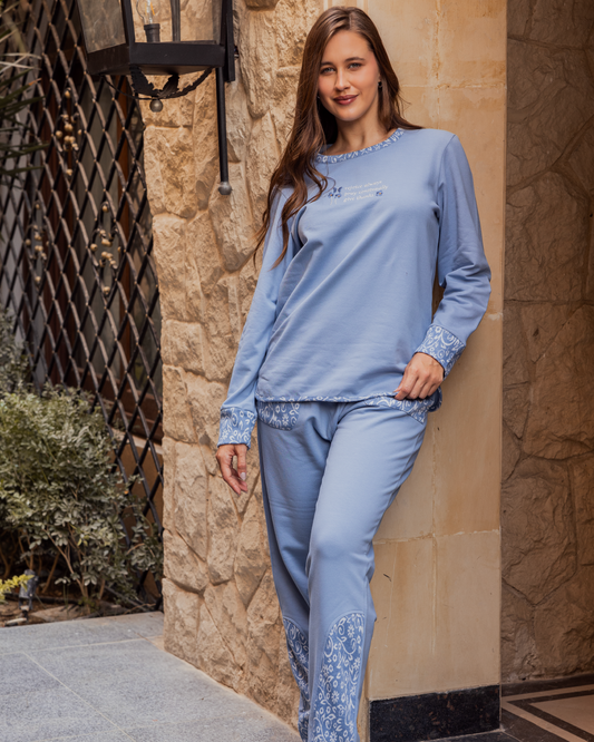 Women's pajamas, long sleeves, long pants, rose embroidery