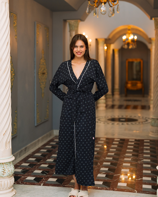 Long Modal Cotton Robe with Navy Blue Roses