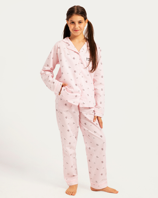 Girls' pajama with buttons, stripes, and flowers