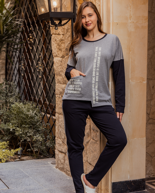 Women's pajamas, long sleeves, long pants, printed with words