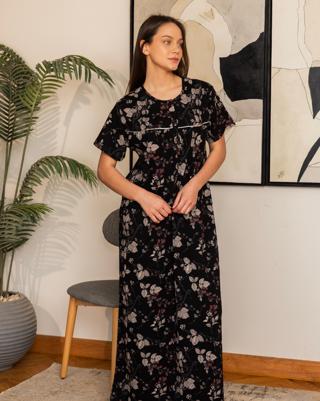 Women's half-sleeve patterned night shirt