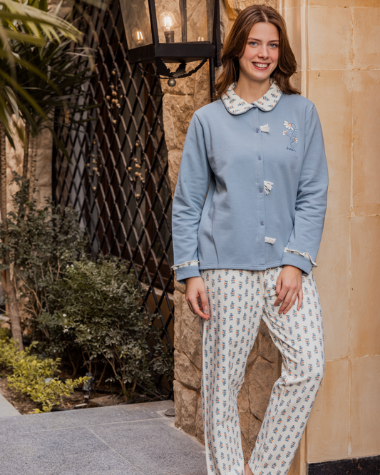 Women's classic pajamas, open buttons, long sleeves, long pants, flower embroidery