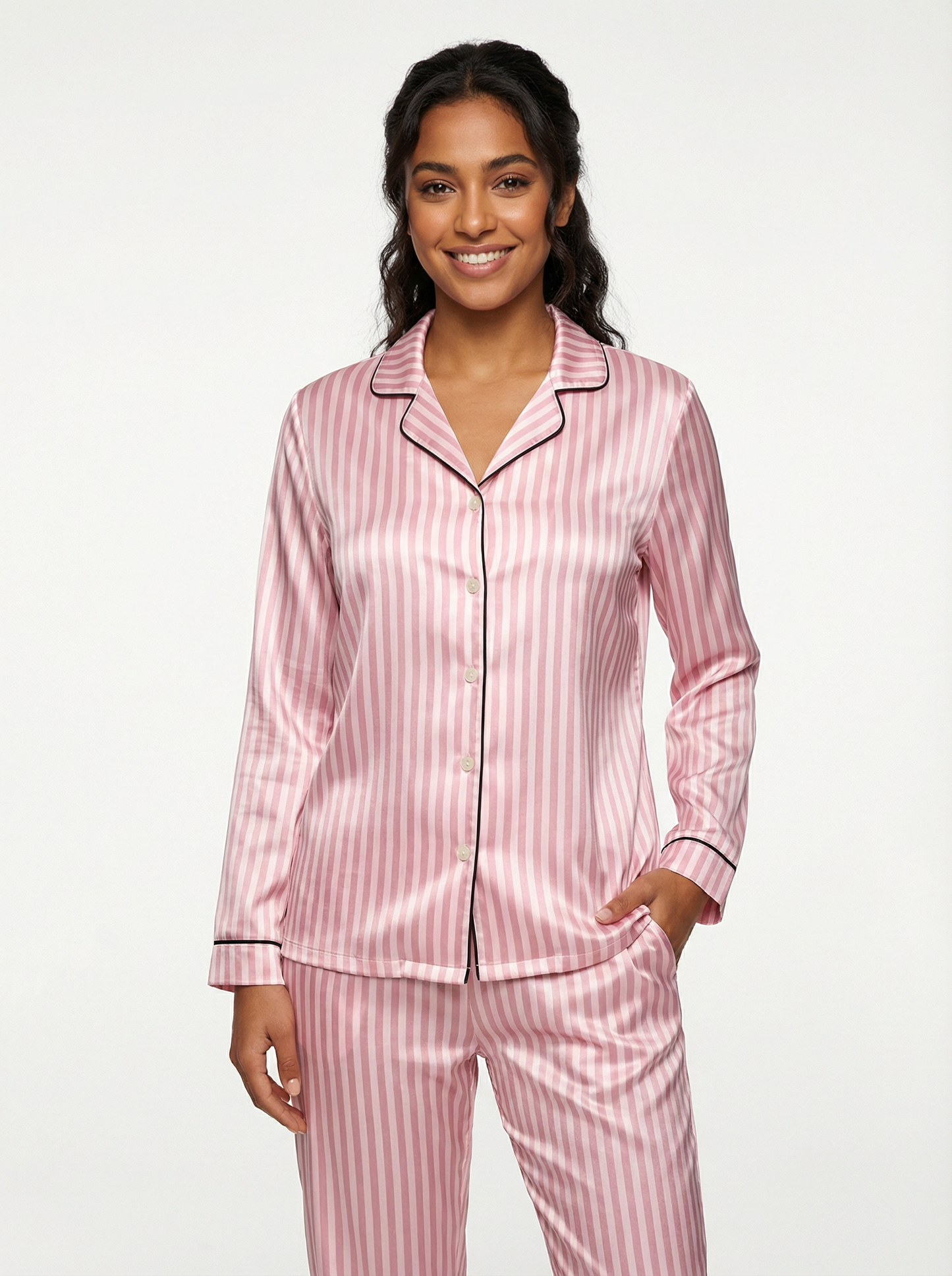 Women's classic satin pajamas with striped buttons