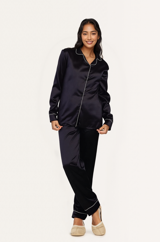 Women's pajamas, classic satin, plain with buttons