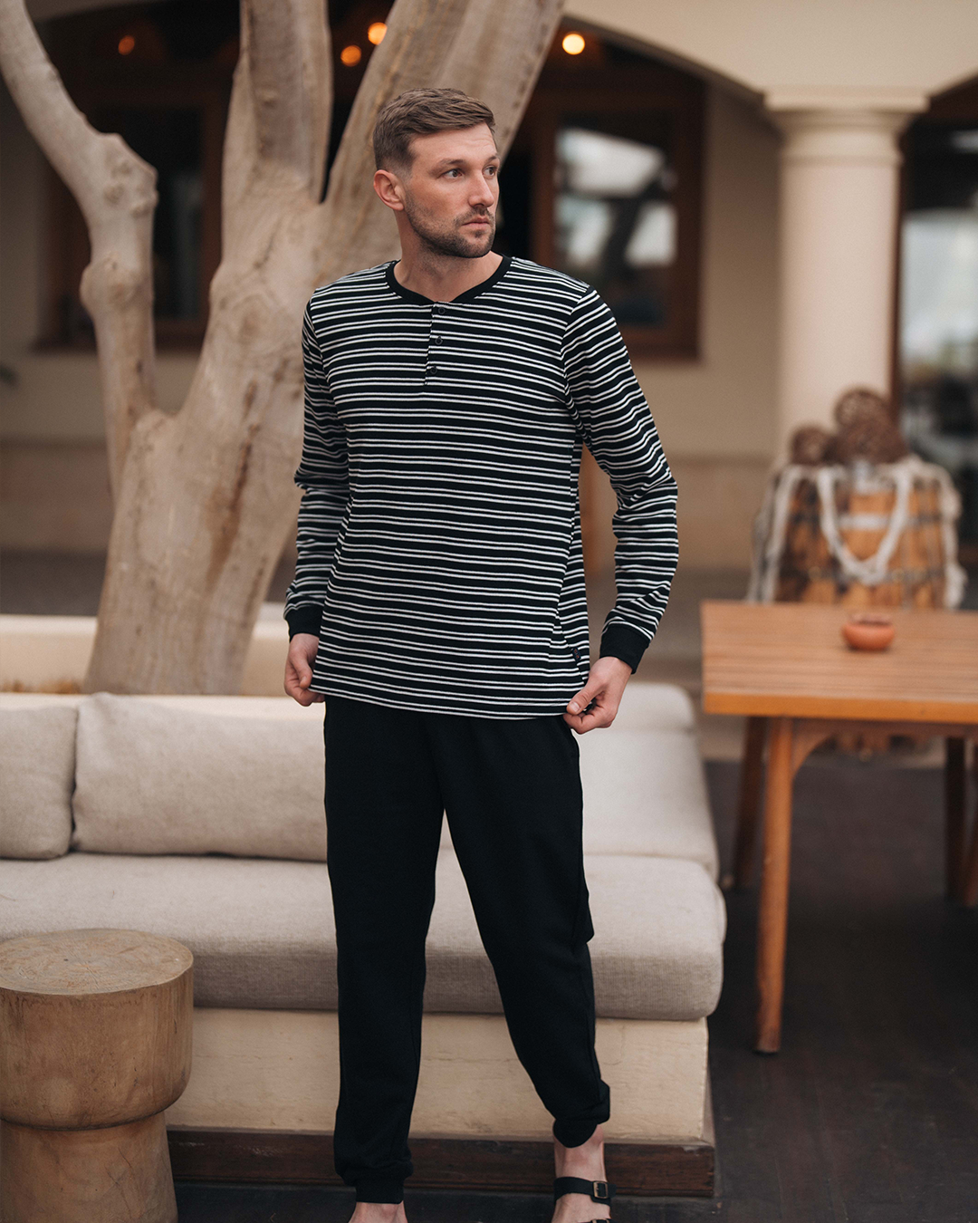 Waffel Stripe Men's Long Sleeve Waffel Stripe Pajamas * Summer Melton Pants