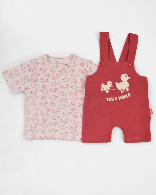 Classic Red Girls' Suspender Bodysuit and Printed T-Shirt Set