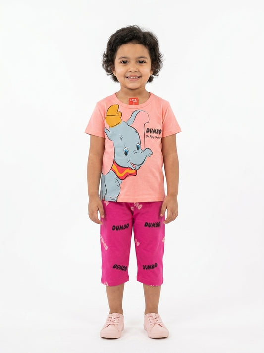 بيجامة بناتي وسط برسمة فيل لون وردي للأطفال