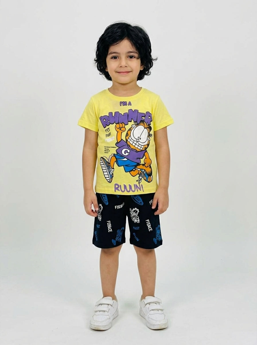 بجامة شورت ولادي run - Cotton House Kids Wear