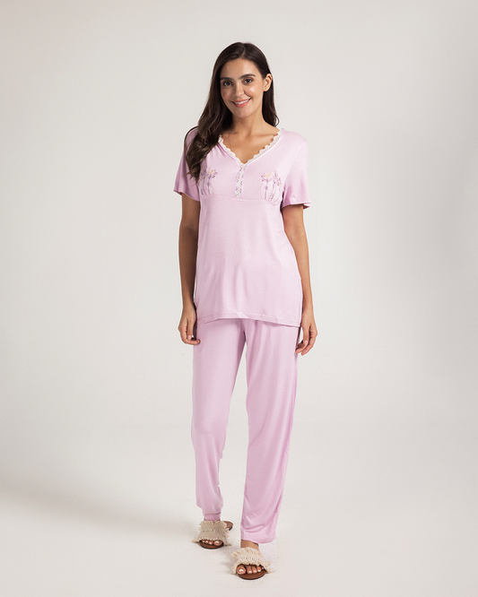 Women's pajamas half a sleeve long trousers embroidery bouquet rose